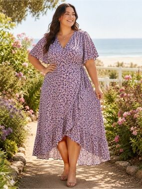Women's Purple Floral High-Low Dress with Flutter Sleeves